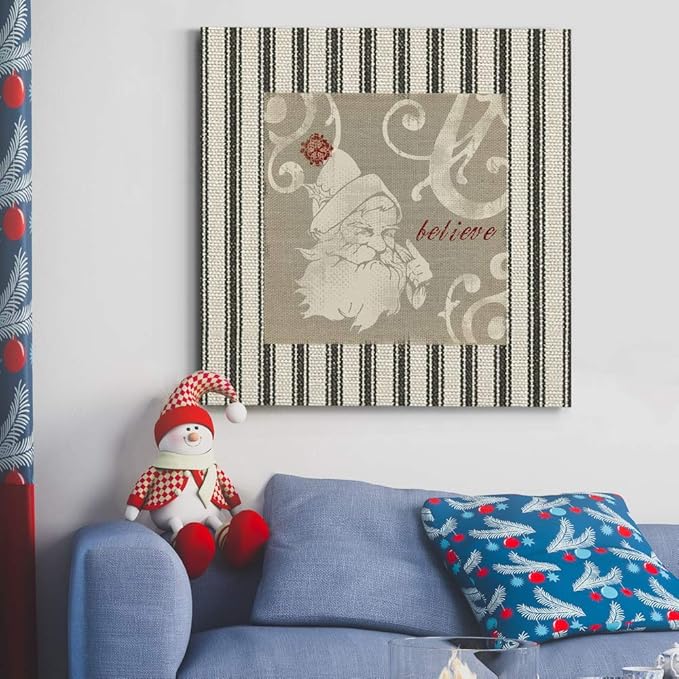 Renditions Gallery Believe Santa Claus Wall Art, Christmas & Winter Decor, Cream & Red, Striped Fabric Look, Premium Gallery Wrapped Canvas, Ready to Hang, 24 in H x 24 in W, Made in America