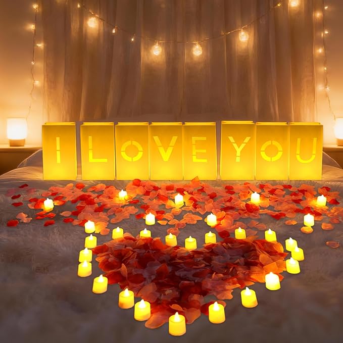 NEXAGEBIUS I Love You Sign Light Up Letters Luminary Bags Proposal Decorations, 2000PC Rose Petals and Candles for Anniversary Valentine's Day Decor Romantic Decorations Special Night Decor for Woman Man