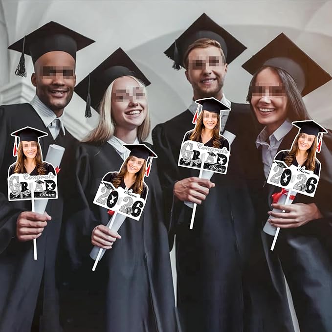 Personalized Graduation Face Fan 2026 Grade Custom Double Sided Face Cutout Fan with Handle Photo Booth Prop Party Supplies(B-Black and Silver,24pcs)