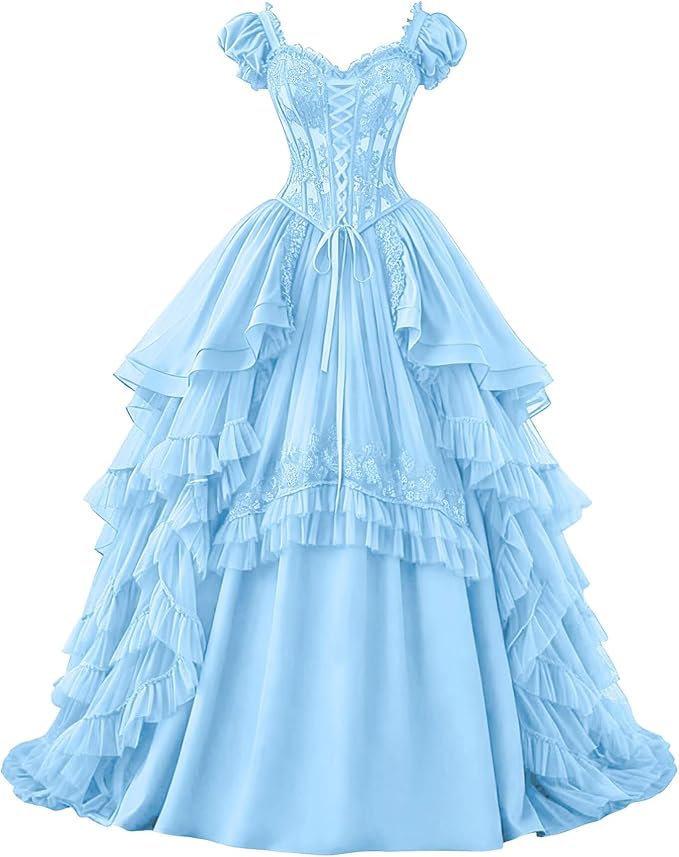 Ftupza Gothic Wedding Dresses Lace Appliques 1800s Victorian Dresses for Women Layered Tulle Prom Dress Long Ball Gown