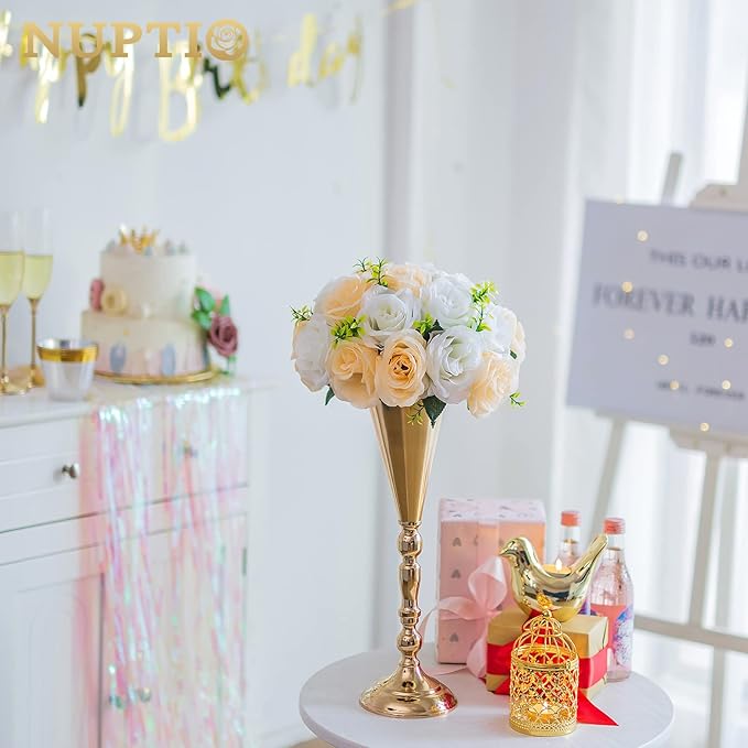 10 Pcs Tabletop Gold Metal Wedding Flower Trumpet Vase, 16.5 inch Table Decorative Centerpiece Artificial Flower Arrangements for Anniversary Ceremony Party Birthday Event Home Decoration (Gold)