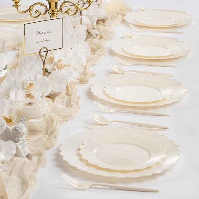 supernal 100pcs Ivory Plastic Plates Fancy Disposable Scalloped Plates for Party Heavy Duty for Party,Wedding,Brthdays Bridal Shower Plate Include 50 Plastic Dinner & Dessert Plate
