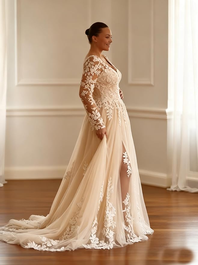 Plus Size Wedding Dresses for Bride Long Sleeve Wedding Bridal Gowns with Lace Appliques Off Shoulder Bride Dress