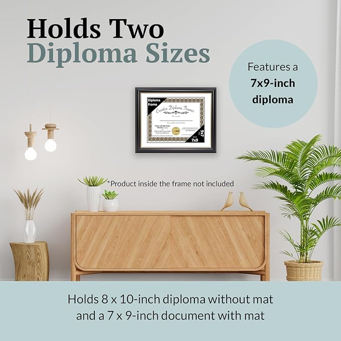 Creative Picture Frames 7" x 9" Rockefeller Black with Gold Rim Diploma Frame, Displays 7" x 9" Certificate or 8" x 10" Document without Mat, College Degree Frame, Full-Strength Glass, White Mat