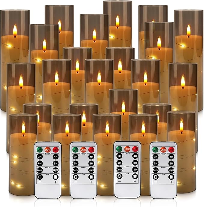 24 Pack Christmas Decoration Flickering Flameless Candles,Battery Operated Candles,LED String Lights LED Candles for New Year, Home Decor, Parties,Wedding(D2.2 xH 5" 6" 7") (Grey)