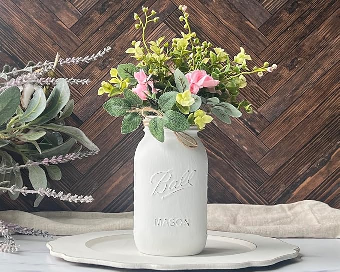 Centerpieces for Tables Bridal Shower - White Mason Jar Centerpieces for Tables, Set of 5-32 oz Hand-Painted Mason Jars - Girl Baby Shower Centerpieces for Tables Girl (5 White w/Greenery/Pink)