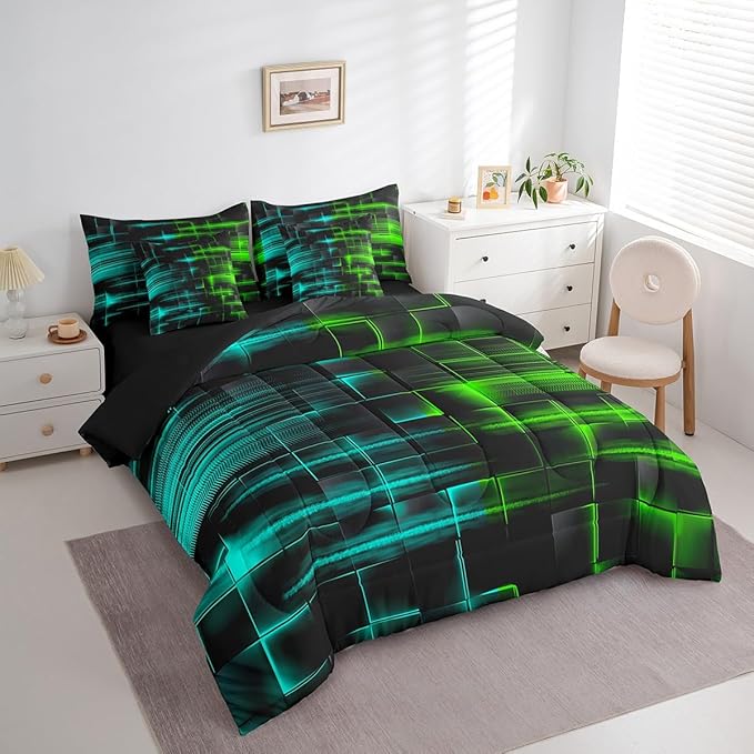 Feelyou Green and Blue Comforter Set with Sheets 7 Piece Twin Size Kids Geometric Bed in a Bag Strip Lines Bedding Set Abstract Art Bed Set with Comforter, Sheets,Pillowcases,Cushion Covers