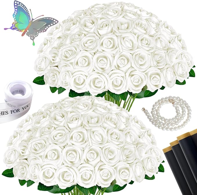 100 Pcs Fake White Roses Artificial Flowers Bulk, Faux Velvet Silk Rose Bouquet with Long Stems Real Look for Wedding Party Centerpieces Vases Decor