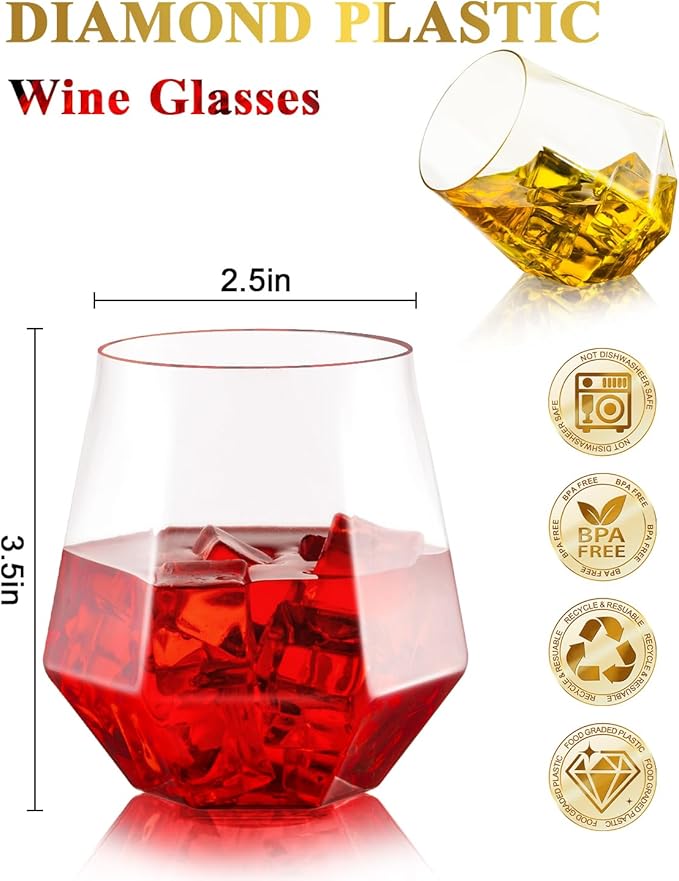BESTSTAR 40 PCS Clear 12 Oz Plastic Wine Whiskey Glasses, Diamond Stemless Unbreakable Disposable Wine Glasses for Parties, Ideal for Weddings, Christmas, Halloween,Holidays,pool party,Daily Use