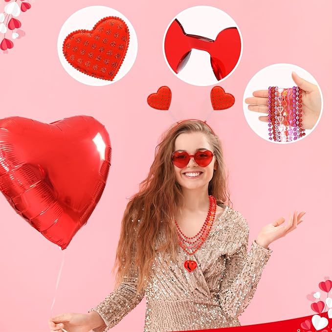 Kanayu 108 Pcs Valentines Day Accessories 36 Valentines Heart Headbands 36 Heart Shaped Sunglasses 36 Bead Necklaces for Valentine Party Favors Supplies Bachelorette Decorations(Red Pink)
