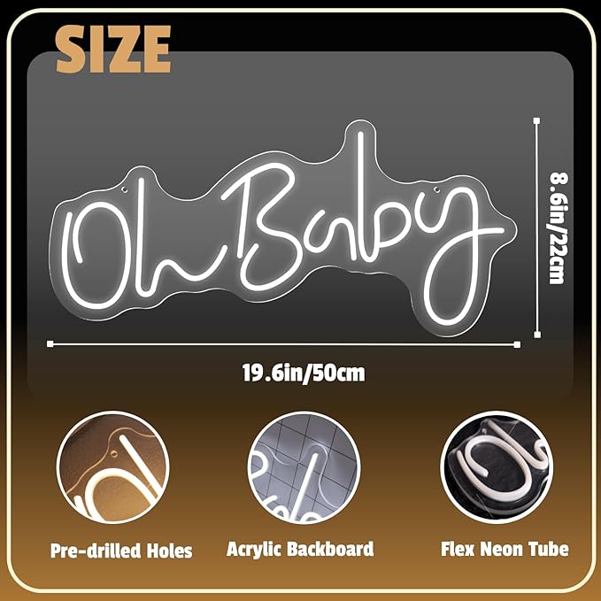 Oh Baby Neon Sign for Backdrop Wall Decor, Baby Shower LED Neon Light for Wall Decor, 19.6×8.6 Inch Large Size, USB Powered for Party Decorations & Night Lighting, Birthday Wedding Bar (White)