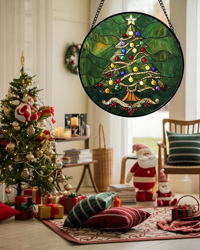 Stained Glass Window Hanging - Green Christmas Tree with Colorful Lights Suncatcher for Doors Home Christmas Decoration Sun Catcher Thanksgiving New Year Birthday Gifts for Women Men Mom Nana 11.8 in