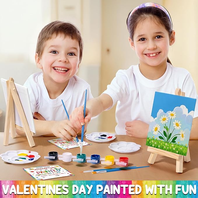 Valentines Day Gifts for Kids, 24 Set Mini Acrylic Paint Kit with Valentines Day Cards, Wood Easel, Canvases, Painting Kits for Kids Girls Boys, Party Favor Valentine Exchange Gift Class Prize