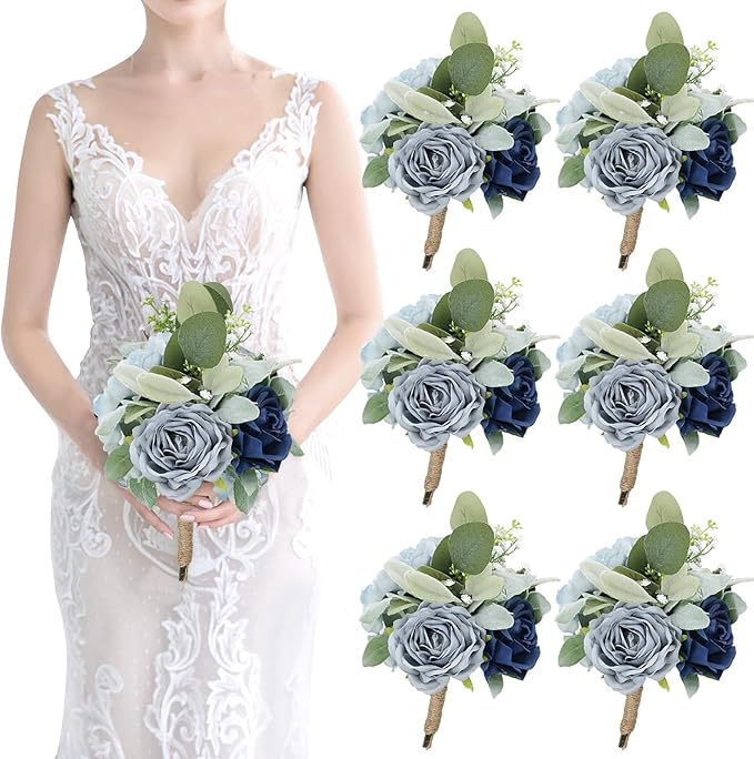 Bridesmaid Bouquets for Wedding 7 inch- Set of 6 Artificial Flowers Bouquet Navy & Blue Rustic Wedding Small Floral Centerpieces for Marriage Proposal Party Anniversary Dining Table Decor