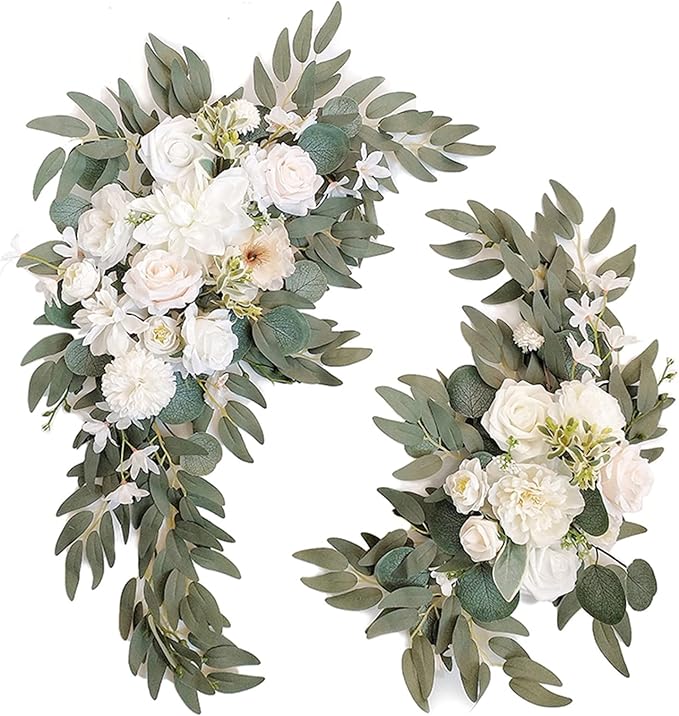 Wedding Arch Faux Flowers Set of 2 Wedding Welcome Sign for Wedding Decor Ceremony and Reception Backdrop Decoration (White)