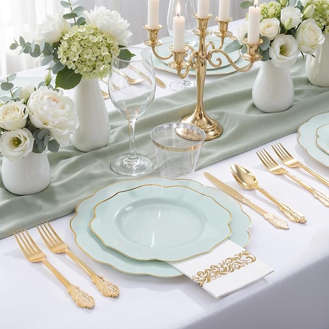NOCCUR 175PCS Sage Green Plastic Plates with Gold Disposable Silverware - Include 50 Green and Gold Plastic Plates,25 Knives,25 Forks,25 Spoons,25 Cups and 25 Napkins - Ideal for Wedding/Spring Party