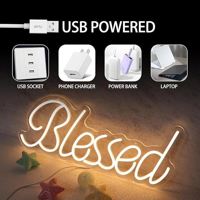 Blessed Neon Sign for Wall Decor Blessed LED Neon Lights for Teen Bedroom Decorations Neon Lights for Reunion Gifts Photo Prop USB 21.7x8.3 Inch (warm white)
