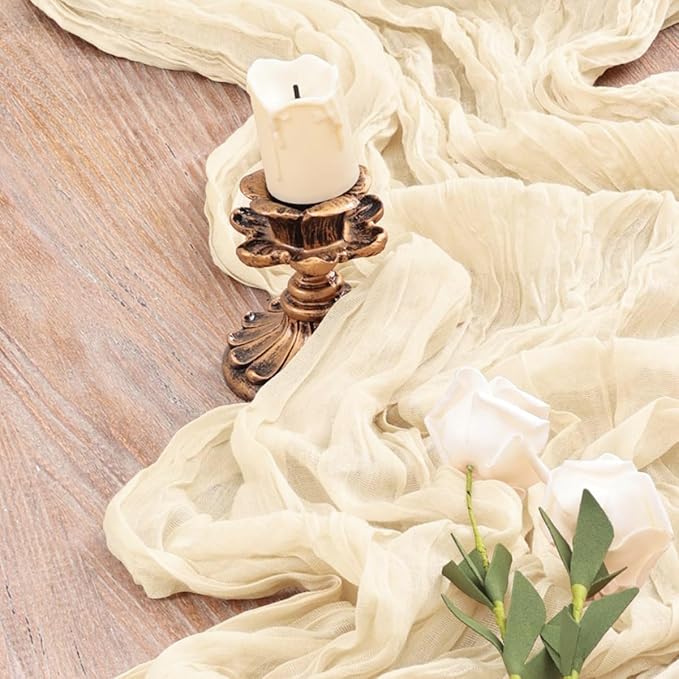 12 Pack Beige Cheesecloth Table Runners 35 x 120 Inch Rustic Boho Gauze Christmas Table Runner for Wedding Arch, Party Decoration, Bridal Shower, Reception, Farmhouse Dining Decor