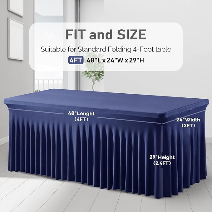 2 Packs Navy Blue Tableclothes for 4 Foot Rectangle Tables, One-Piece Wrinkle Resistant Stretch Spandex Table Covers with Table Skirt for Event Banquet Wedding Birthday Party