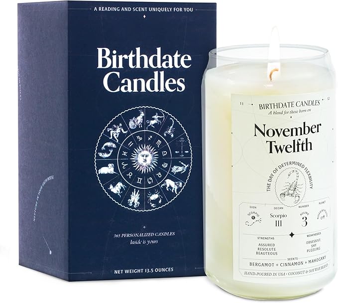 Birthdate Candles, November 12 - Scorpio Zodiac Scented Candles Birthday Gift - Bergamot, Cinnamon & Mahogany Scent - All-Natural Soy & Coconut Wax, 60-80 Hour Burn Time - Made in USA