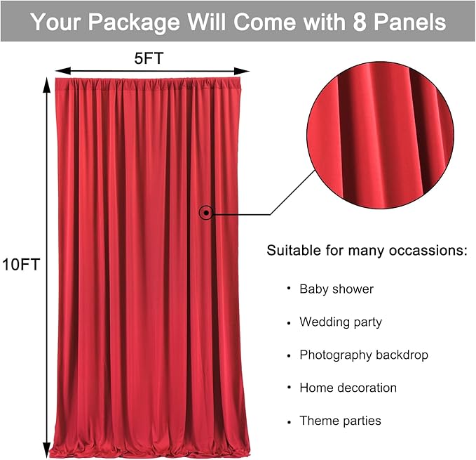 40ft x 10ft Wrinkle Free Red Backdrop Curtains for Parties, Polyester Photo Backdrop Drapes 8 Panels 5x10ft for Weddings Birthday Party Christmas Photography Background for Backdrop Stand