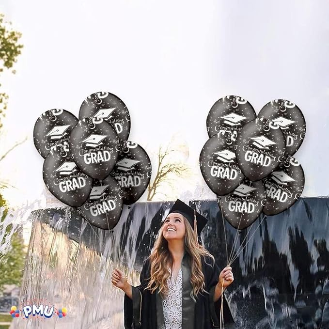 PMU 100 Pcs Black Graduation Balloons Class of 2026 with All-Over Print White Grad Caps-Confetti and Streamers | Graduation Party Supplies | Congratulations Grad Latex Balloons Latex