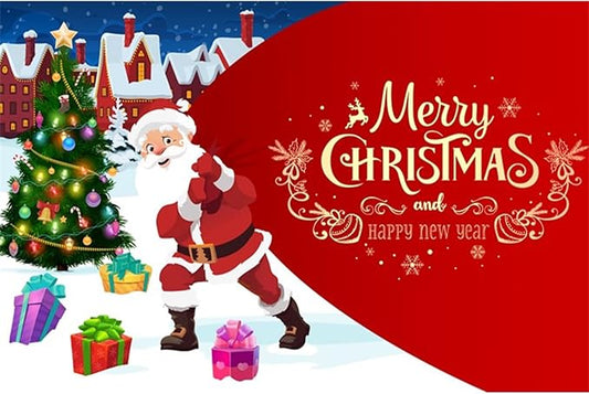YongFoto Merry Christmas Backdrop 8x6.5ft Christmas Tree Santa Claus's Gift Snow Town Photography Background Happy New Year Xmas Eve Family Party Banner Room Decor Photoshoot Wallpaper Photo Booth