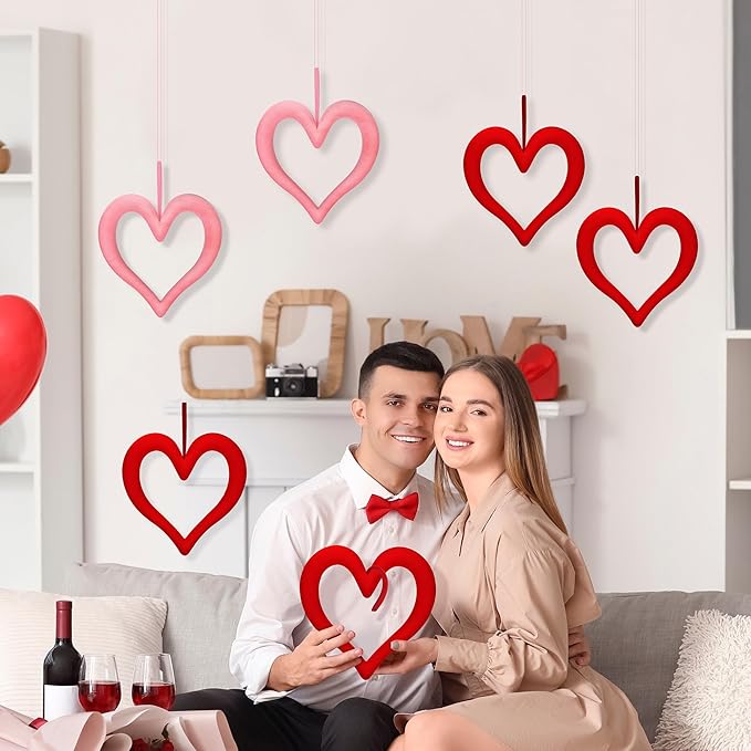 Aneco 6 Pieces Valentine‘s Day 3D Velvet Heart Hanging Ornament 9.45 Inch Foam Heart Wreaths for Valentine‘s Day Wedding Anniversary Front Door Home Decor, Red and Pink