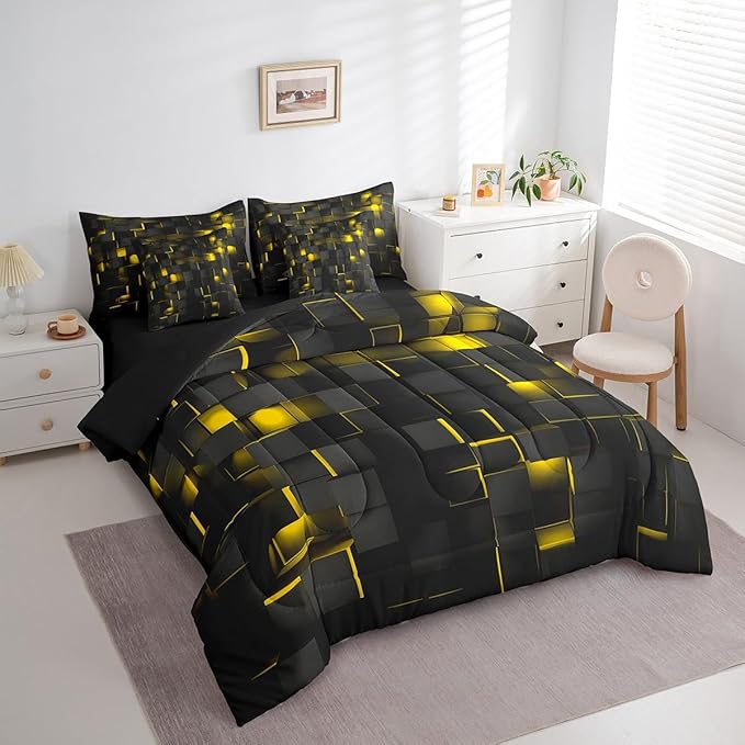 Feelyou Yellow and Black Bedding Set Full Size Kids Light Geometric Comforter Set with Sheets 7 Piece Bed in a Bag forModern Bed Set with Comforter,Sheets,Pillowcases,Cushion Covers