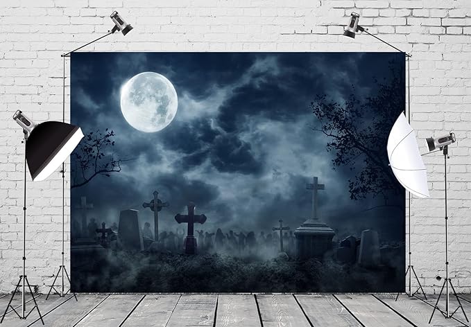 BELECO 15x10ft Fabric Halloween Cemetery Zombies Photography Backdrop Scary Graveyard Spooky Dark Night Full Moon Background Zombie Party Decorations Horror Hallowmas Kids Adults Photo Booth Props