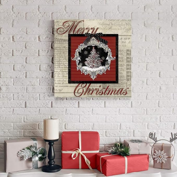 Renditions Gallery Merry Christmas Tree Wall Art, Cute Winter Decor, Antique Sheet Music Paper Design, Snowflakes, Premium Gallery Wrapped Canvas, Ready to Hang, 24 in H x 24 in W, Made in America