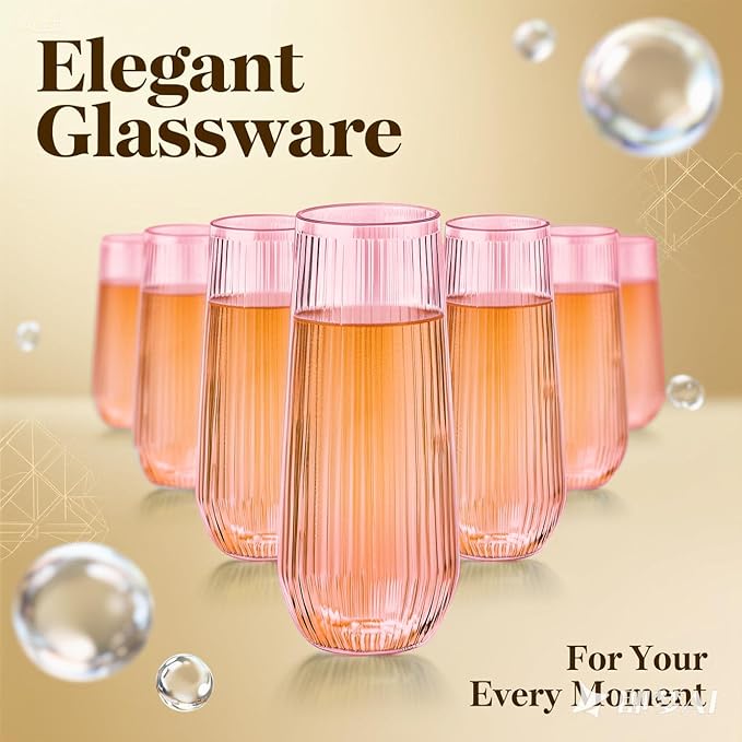 48 Pack Plastic Ribbed Champagne Flutes, 9 Oz Stemless Disposable Pink Clear Plastic Toasting Glasses Shatterproof Recyclable and BPA-Free Perfect For Wedding