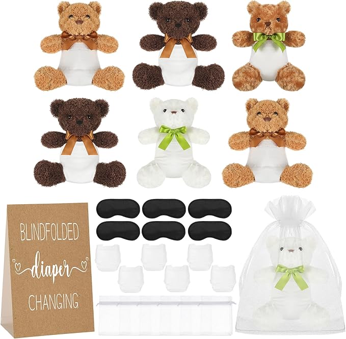 6 Set Bear Blindfolded Diaper Changing Baby Shower Games with Blindfold Changing 12 Inch Bear Dolls Diapers Gift Bags for Baby Shower Gender Reveal Raffle Party Game