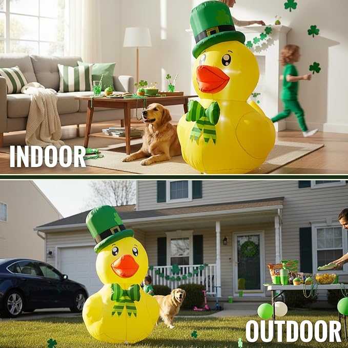 5FT St. Patrick's Day Inflatable Duck, Blow Up Duck with Shamrock Hat and Bow, Outdoor Decoration with LED Lights for Yard, Garden, Lawn, Home, Party Decor