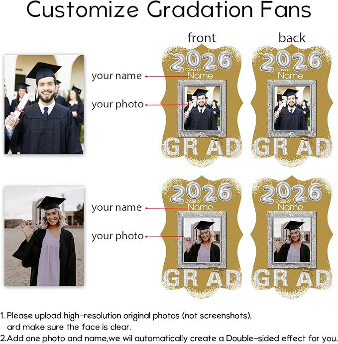 Personalized Graduation Double Sided Face Fan Class of 2026 Customized Graduation Head Face Cutout with Handle Fun Photo Prop Supplies(A-Champagne and Silver,12pcs)