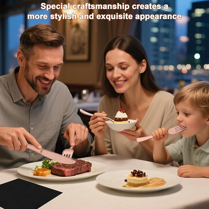 400 PCS Pre Rolled Cutlery Sets, Premium Rose Gold Plastic Flatware Set Wrapped in Black Napkin, Disposable Cutlery Set with 100 Forks, 100 Knives, 100 Spoons, 100 Napkins for Wedding, Party, Dinner