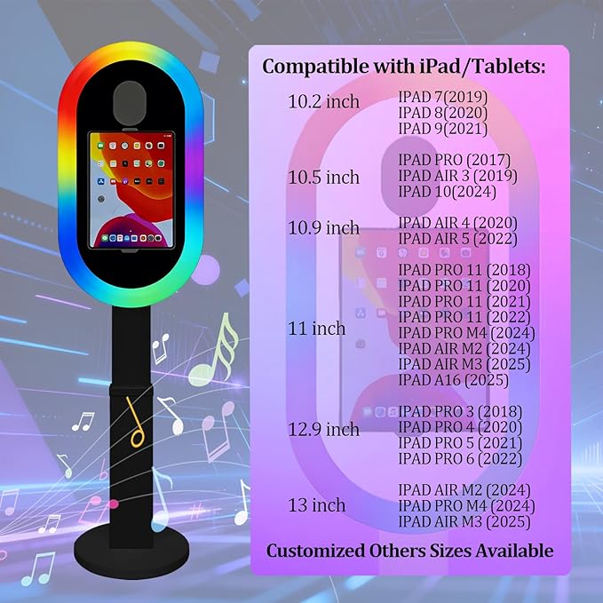 Photo Booth Shell Compatible with iPad Tablet 10.2'' 10.5’’ 10.9'' 11'' 12.9'' 13'' Selfie Protable iPad Photo Booth Machine with Flight Case for Parties Wedding Rental (Black, Machine+Printer)
