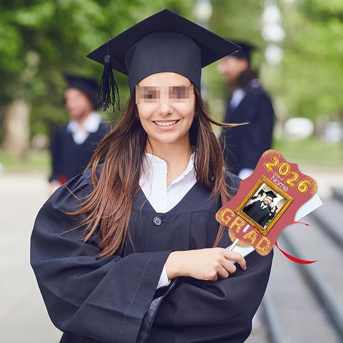 Personalized Graduation Double Sided Face Fan Class of 2026 Customized Graduation Head Face Cutout with Handle Fun Photo Prop Supplies(A-Rose Gold Pink,24pcs)