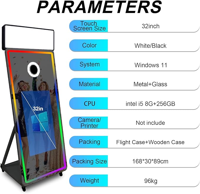 Magic Mirror Photo Booth,Mirror Photo Booth Interactive Touch Screen with Flight Case, Built-in Mini PC with Instant Print and Sharing for Event Party Wedding Rental (Black, 32''Screen+Camera)