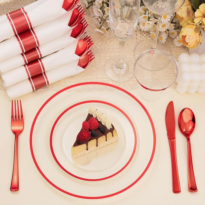 700PCS Clear Red Disposable Plastic Dinnerware Set for 100 Guests, 200 Plastic Plates, 100 Cups, 100 Pre-Rolled Napkins with Cutlery for Party, Christmas, Birthday, Wedding, Thanksgiving, Halloween