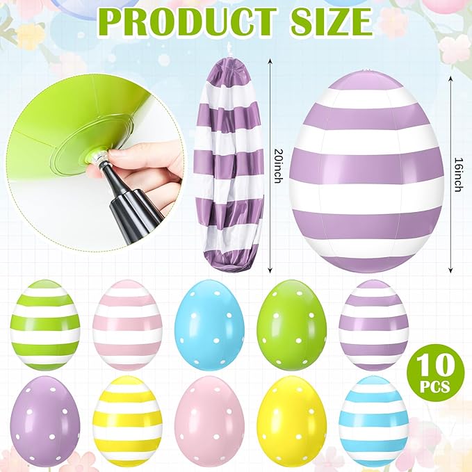 Leyndo 10 Pack 16 inch Inflatable Easter Eggs Decorations Easter Inflatables Outdoor Decor Colorful Eggs Inflatable Easter Eggs Ornaments for Easter Yard Garden Lawn Party Supplies