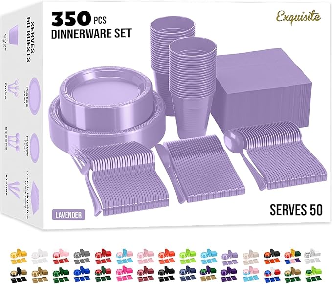 350 Pcs Lavender Plastic Plates For Party, Lavender Disposable Plates Set, 50 Of Each 9" Dinner Plate Set, 7" Dessert Plate, Cups, Napkins & Cutlery Plastic Dinnerware Exquisite