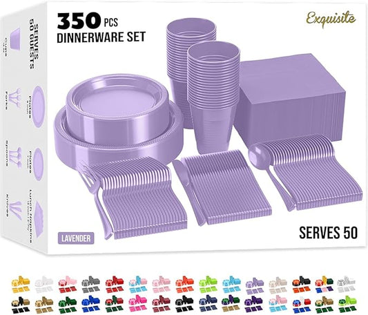 350 Pcs Lavender Plastic Plates For Party, Lavender Disposable Plates Set, 50 Of Each 9" Dinner Plate Set, 7" Dessert Plate, Cups, Napkins & Cutlery Plastic Dinnerware Exquisite