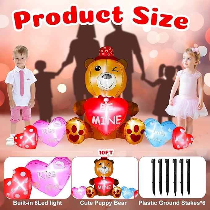 VIHOSE 10 ft Valentines Inflatables Outdoor Decorations Blow Up Bear Heart with LED Lights Valentine Decor for Romantic Wedding Patio Lawn Valentine's Day Inflatables Outside Party Supplies