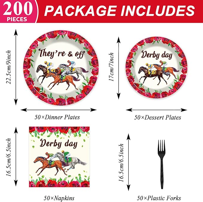 50 Guests Derby Day Plates and Napkins Party Supplies Kentucky Horse Racing Party Decorations Disposable Tableware Set Run for the Roses Dinnerware Favor for Race Day Kentucky Horse Party, 200PCS