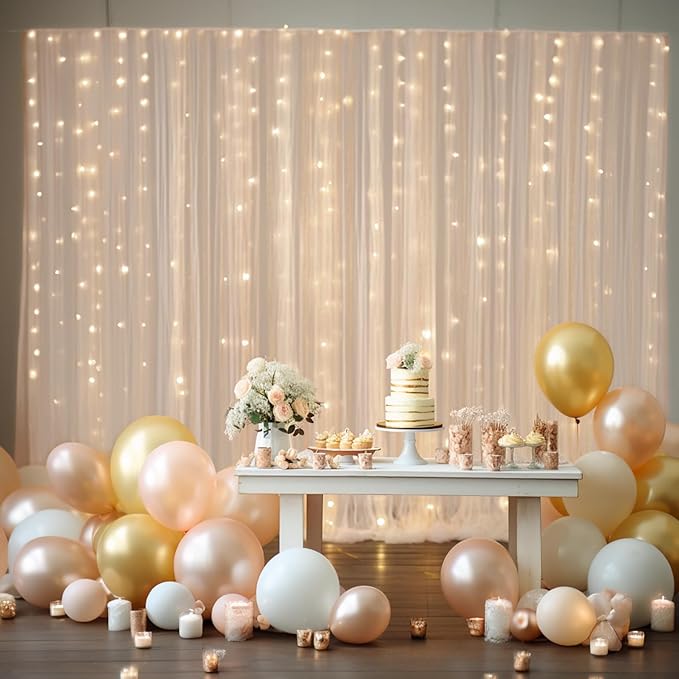 20x10ft Champagne Tulle Backdrop Curtain with Lights String for Parites, Sheer Photo Backdrop Curtains with Lights for Wedding Backdrop Ceremony Reception Bridal Shower Baby Shower Birthday Party