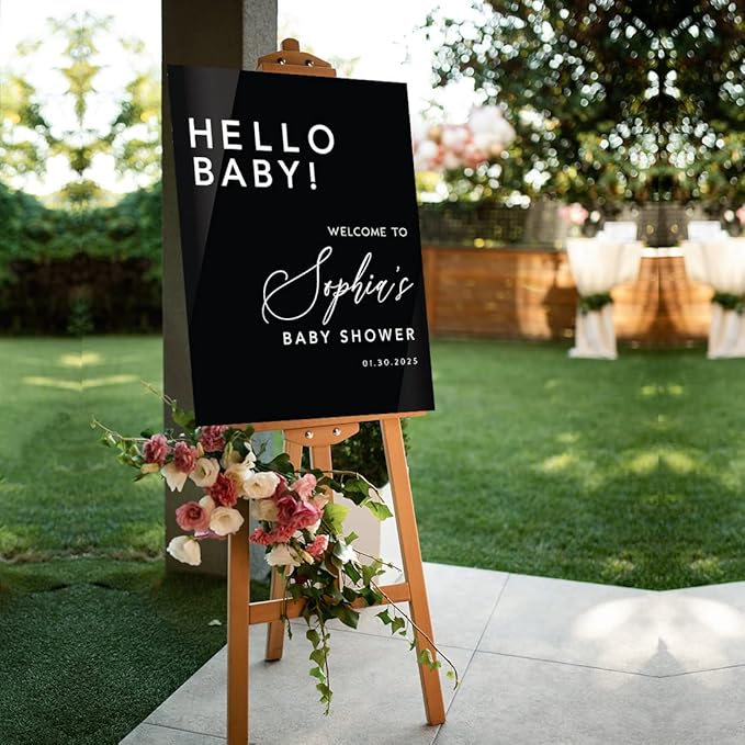 Andaz Press 16"x20" Black Acrylic Personalized Baby Shower Welcome Sign, Gender Neutral Large Custom Sign for Easel Stand, Hello Baby Shower Decorations