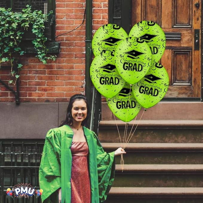 PMU 100 Pcs Lime Green Graduation Balloons Class of 2025 with All-Over Print White Grad Caps-Confetti and Streamers | Graduation Party Supplies | Congratulations Grad Latex Balloons Latex