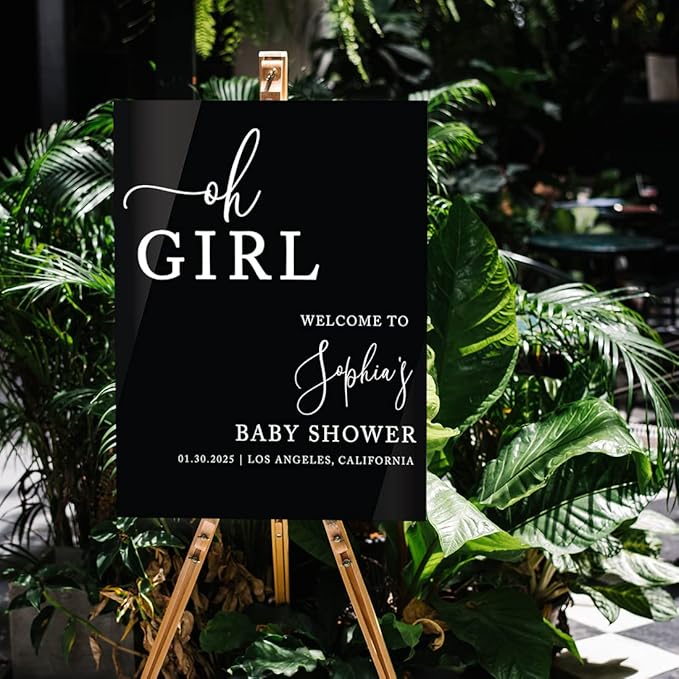 Andaz Press 16"x20" Black Acrylic Personalized Baby Shower Welcome Sign, Gender Neutral Large Custom Sign for Easel Stand, Oh Girl Baby Shower Decorations