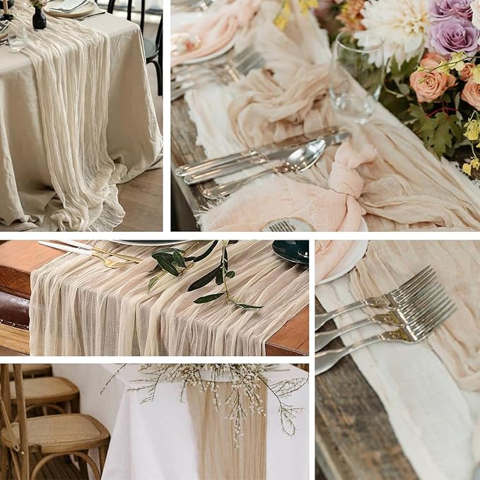 16Packs Champagne Cheesecloth Table Runner – Boho Gauze Vintage Table Decor, 120 Inch Long Rustic Cloth Runner for Wedding, Bridal Shower, Birthday, Romantic Party 10Ft (Champagne, 24" x 120"-16Packs)